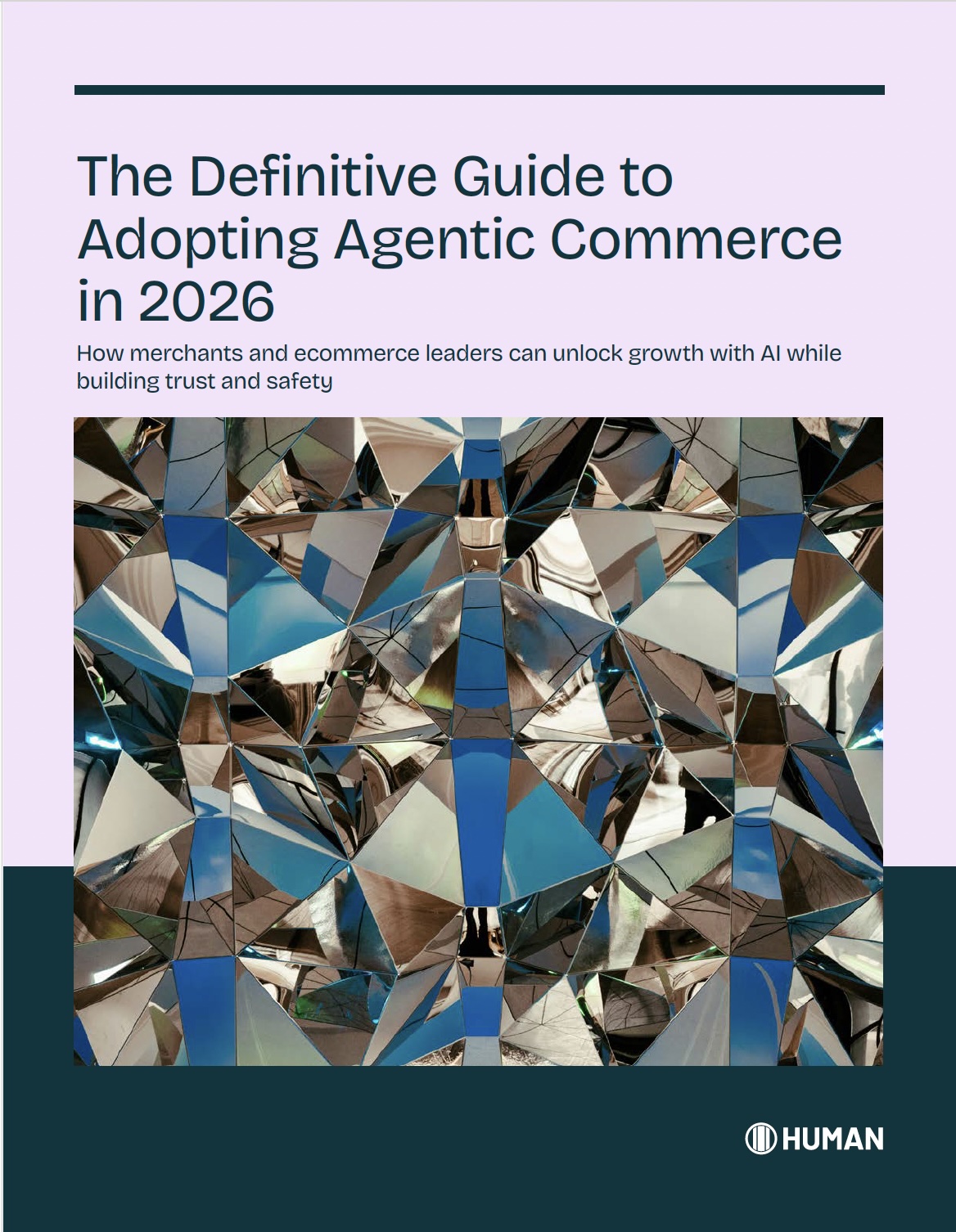 The cover of a guide titled "The Definitive Guide to Adopting Agentic Commerce in 2026." A subtitle reads, "How merchants and ecommerce leaders can unlock growth with AI while building trust and safety." The image background is a dark, abstract photo of a light-refracting, cube-like structure.