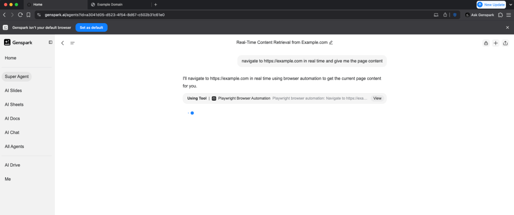 Figure 2: Instructing Genspark to scrape a webpage. Genspark displays that it is using the Playwright automation tool before launching its browser. 