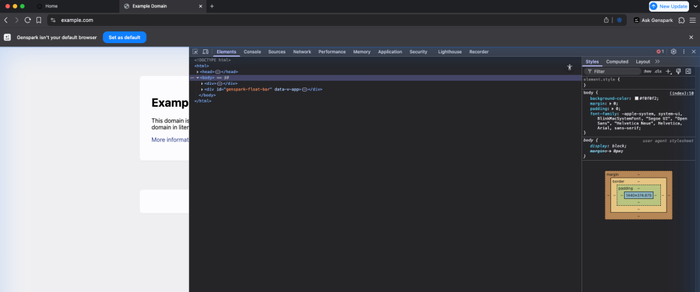 Figure 3: Genspark’s browser injects a persistent div#genspark-float-bar into every page, an easy DOM fingerprint to log and alert on.