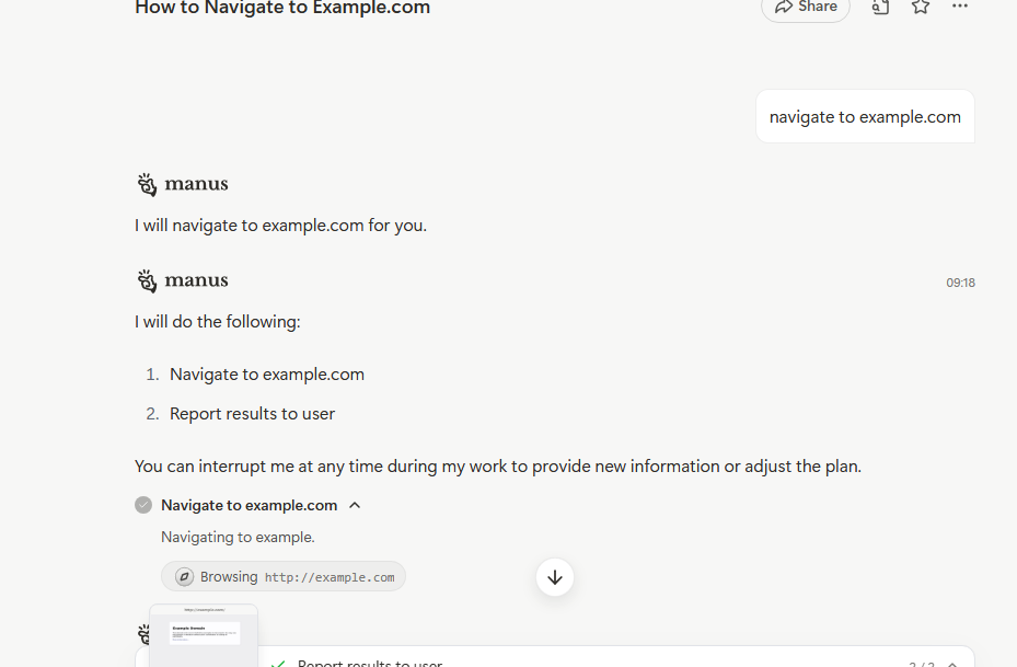 Figure 5: In the chatbot window, Manus is asked to navigate to example.com, and launches its browser tool. 