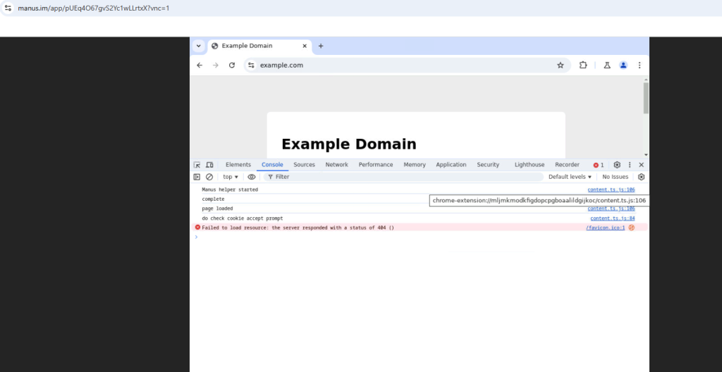 Figure 8: DevTools confirms that the Manus helper extension is active. 