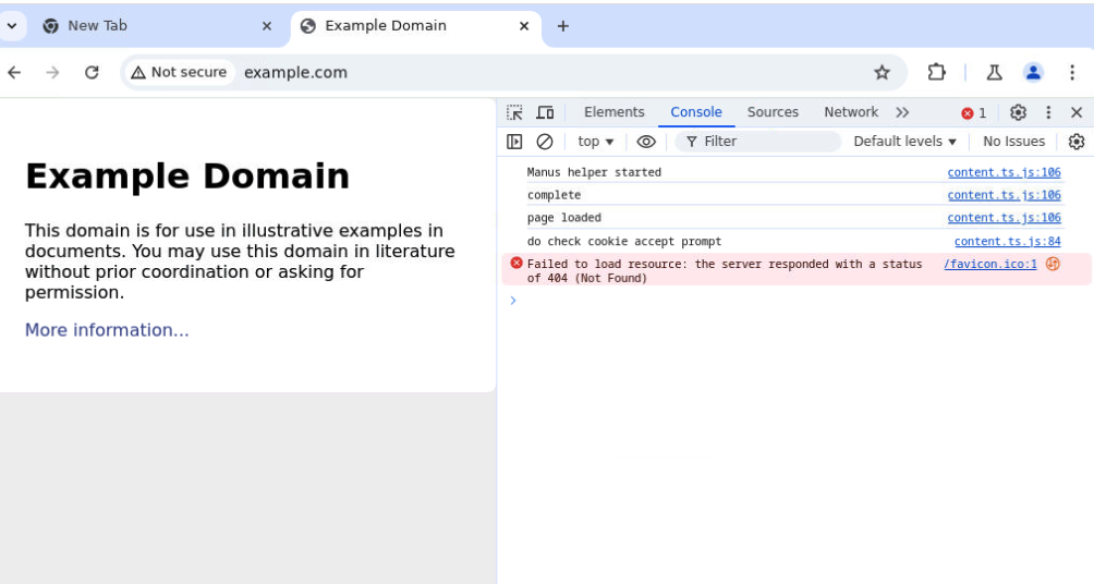 Figure 7: DevTools inspection of the Manus browser environment shows a fetch call for content.ts.js, and a log: Manus helper started. 
