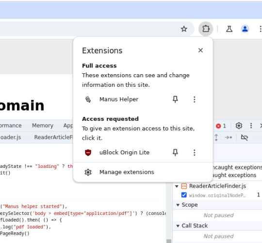 Figure 9: The browser’s extension menu in a Manus session: “Manus Helper” has full access to the page, confirming the agent’s bundled extension is loaded.
