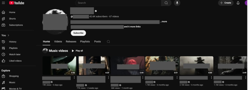 A screenshot of a dark-themed YouTube channel page belonging to the fake artist. The channel shows a subscriber count of 42.6K subscribers with 67 videos. Below the 'Videos' tab, a selection of "Music videos" is displayed. Video view counts and upload times are visible, with some videos having relatively high views, such as 1.7M views (6 months ago) and 2.1M views (6 months ago), suggesting inflated metrics.