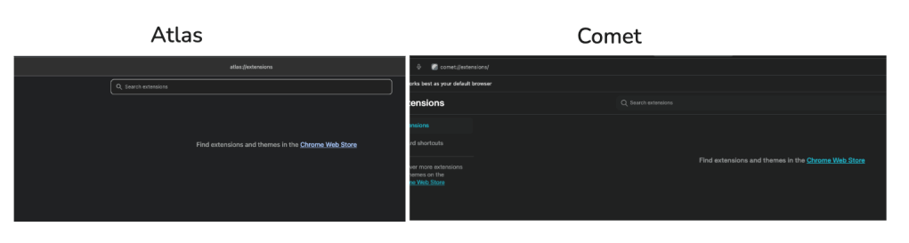 Screenshots of the extensions pages in ChatGPT Atlas and Perplexity Comet, both showing no installed extensions.