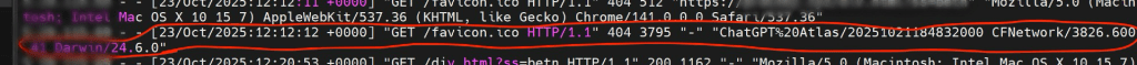 Network log screenshot showing Atlas fetching a site’s favicon.ico with a “ChatGPT Atlas” user agent string and a CFNetwork/Darwin signature.