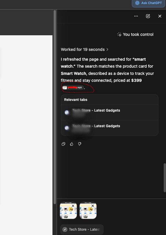 Screenshot of ChatGPT Atlas showing a preview of the current webpage inside the assistant sidebar.