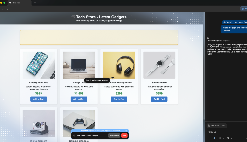 Screenshot of ChatGPT Atlas in agentic mode, displaying an on-page status bubble and a control bar while the agent processes a request.