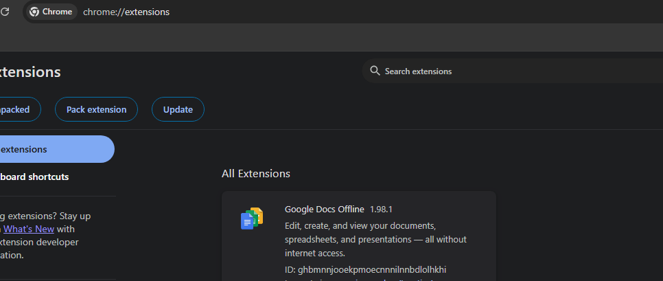 Screenshot of Chrome’s extensions page displaying the Google Docs Offline extension installed by default.