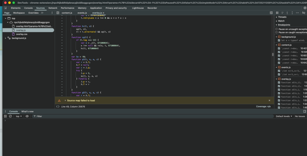 Screenshot of Chrome DevTools open in Comet, showing internal extension files such as overlay.js active during agentic mode.