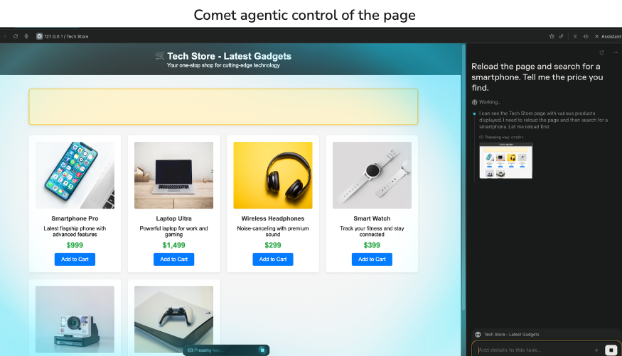 Screenshot of Perplexity Comet with the assistant sidebar where the user instructs the agent to search for smartphone pricing.